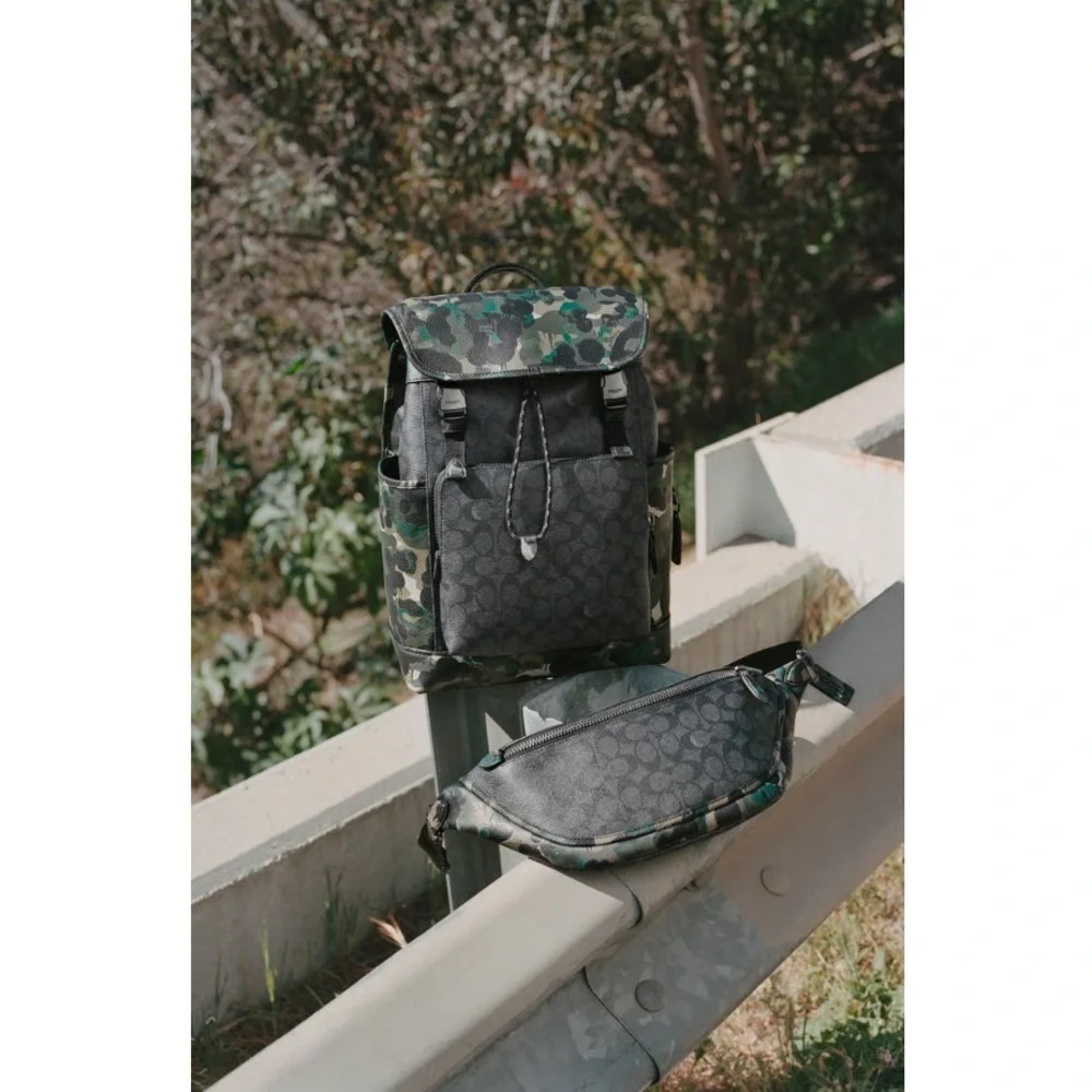 Coach League Flap Backpack In Signature Canvas Charcoal With Camo Print NWT